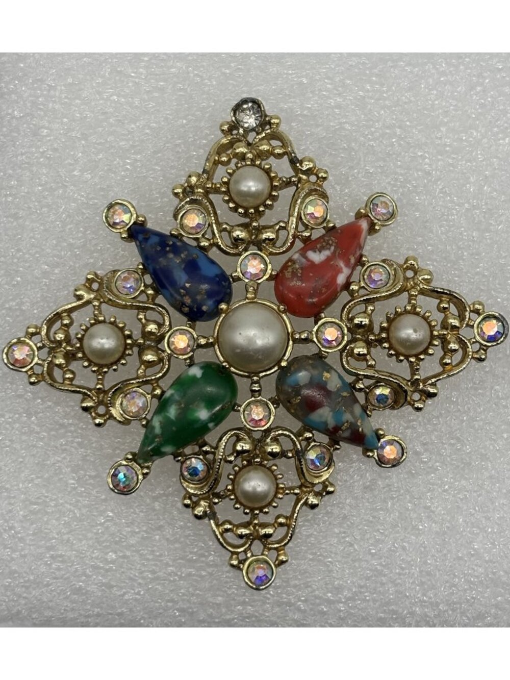 Vintage Sarah Coventry Galaxy Brooch Pendant Gold Tone Resin With AB Rhinestones